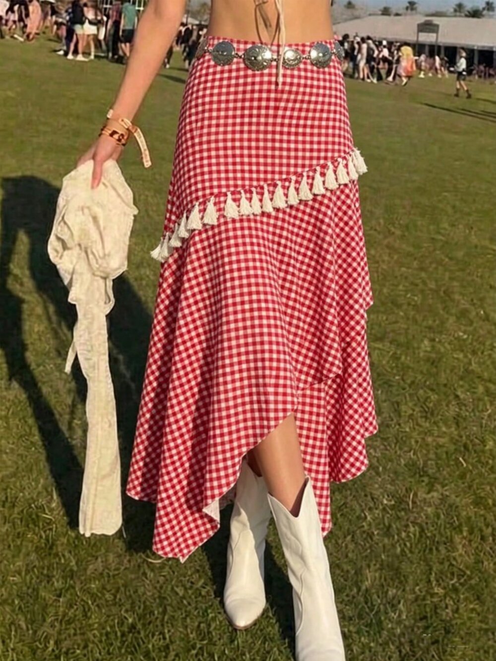 Red Casual Women's Plaid Asymmetric Ruffle Hem Patchwork Tassel Skirt - Picture 10 of 10